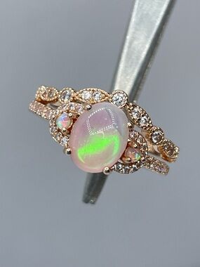 Faux Pink Moonstone CZ Ring Set Rose Gold Statement Bridal Sz 7